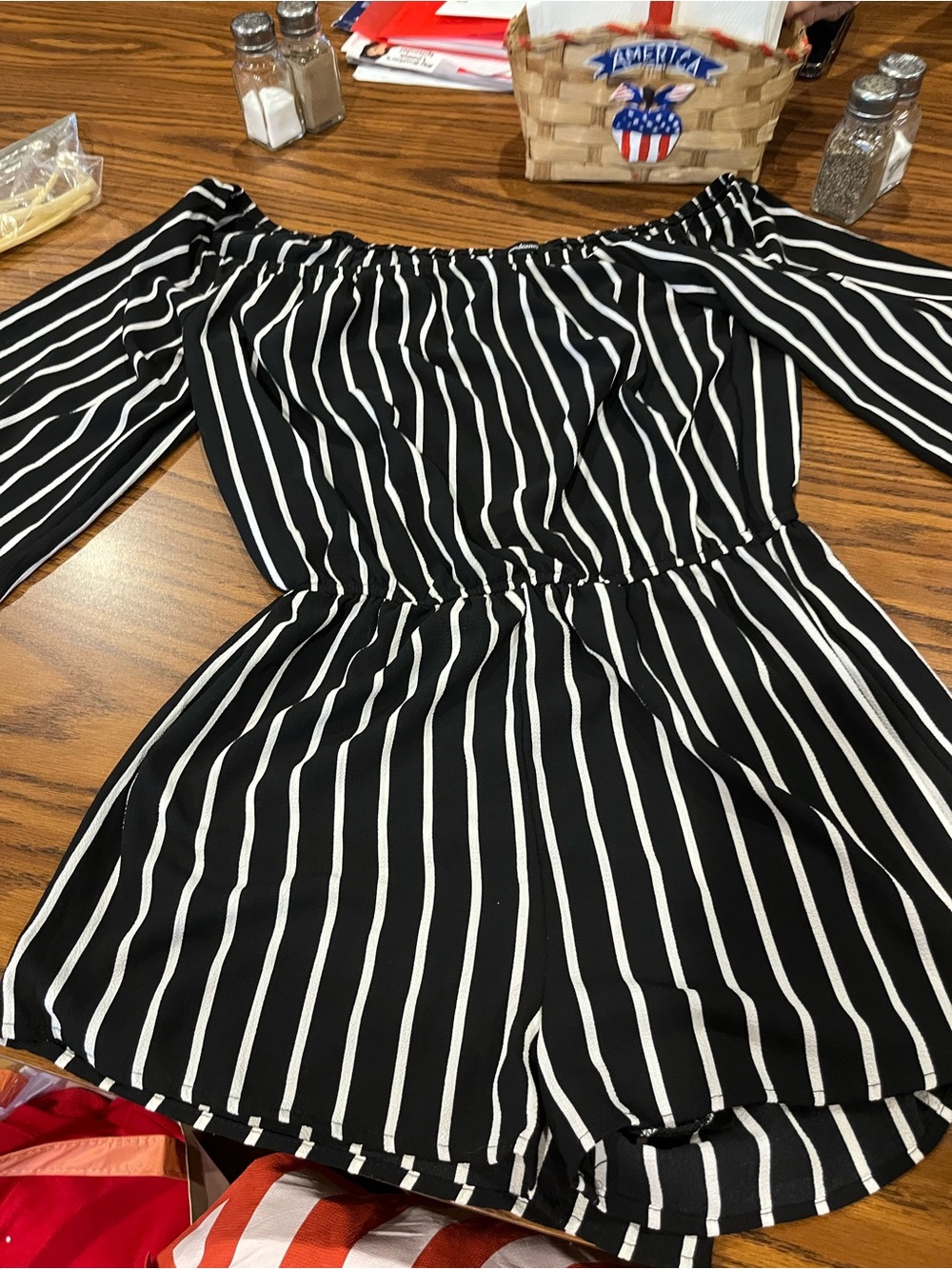 Ambiance Black & White Striped Off-Shoulder Romper